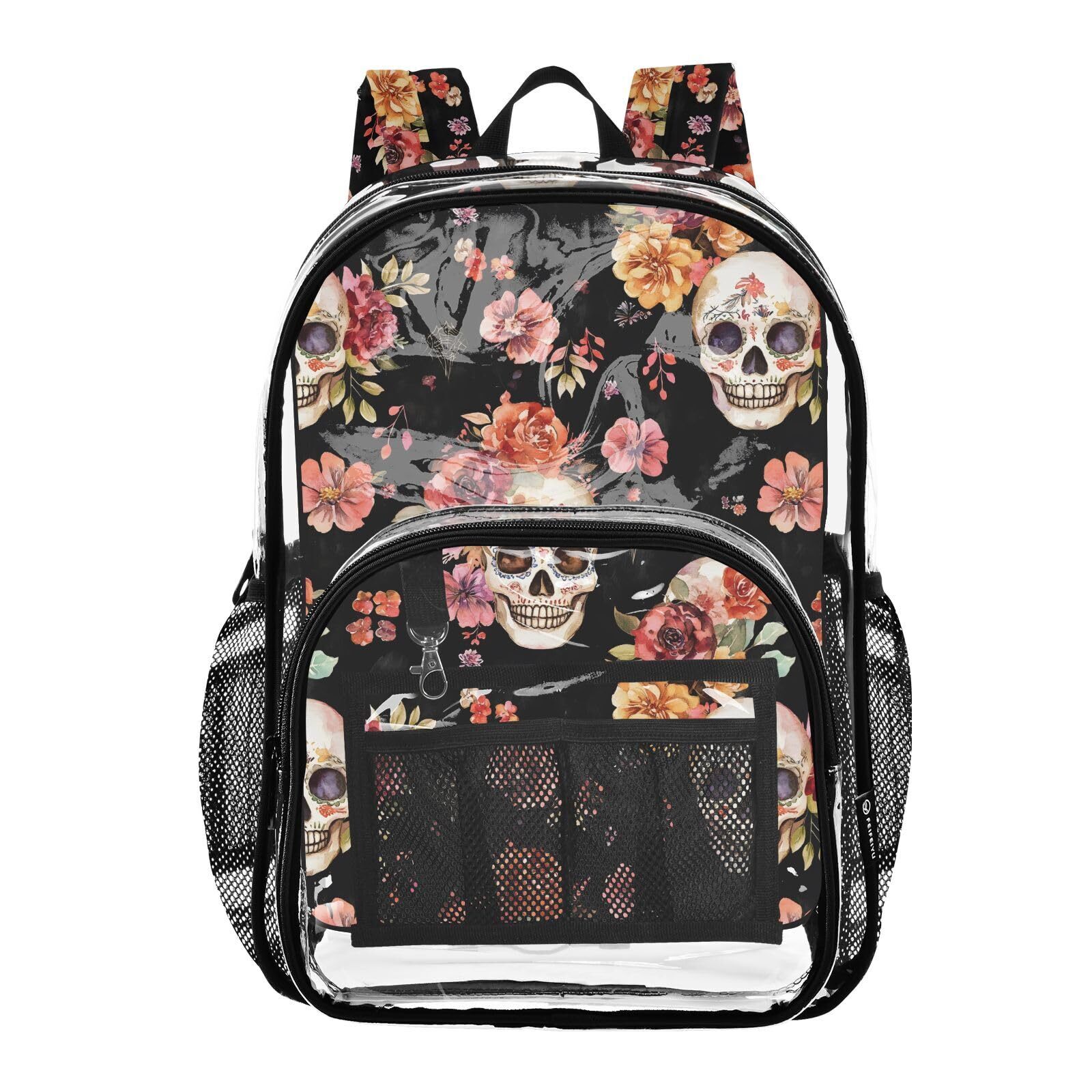 5867 Large Clear Backpack Pvc Transparent Bookbag Heavy Duty Skull Flower